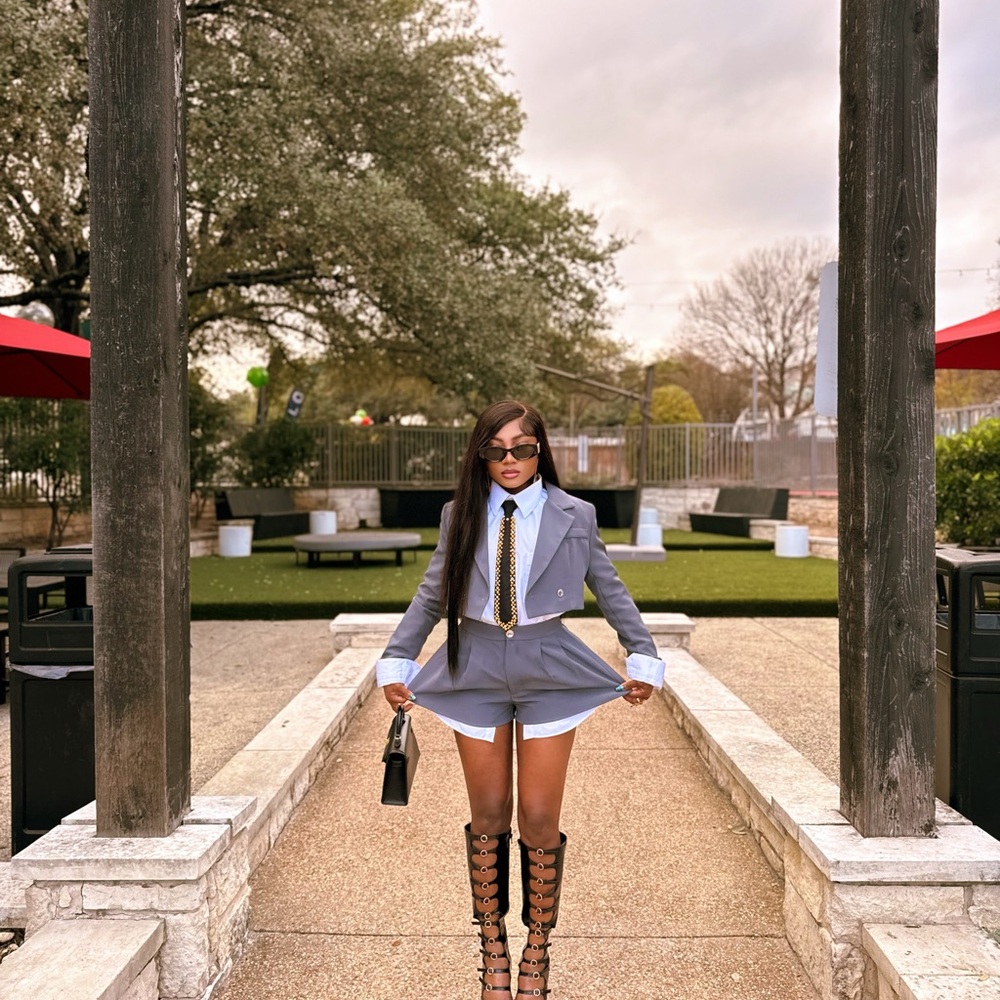 Cropped Gray Blazer & Short Set with Tie